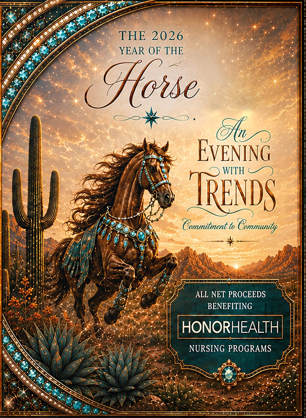 2026 Evening of Trends invitation: jeweled horse and Sonoran Desert artwork